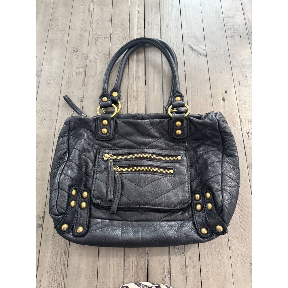 Linea Pelle Black Quilted Leather Gold Studded Moto Tote Hobo Bag